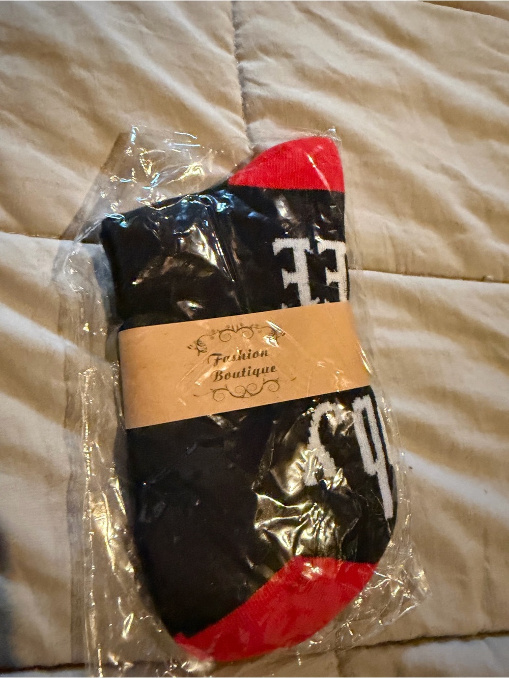 Women’s Black Socks with Red Toe and Cuff says Dobby is free